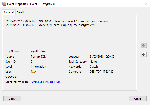 Equivalent PostgreSQL Windows log entry